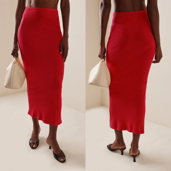 AEXAE Red Knit Maxi Skirt Size S NWT – Luxury Ribbed Stretch Skirt - Picture 2 of 6